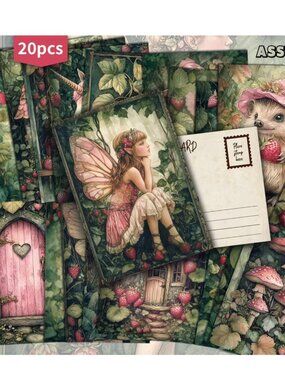 Strawberry Forest Fairies & Animals Illustrations Postcards Retro Junk Journal